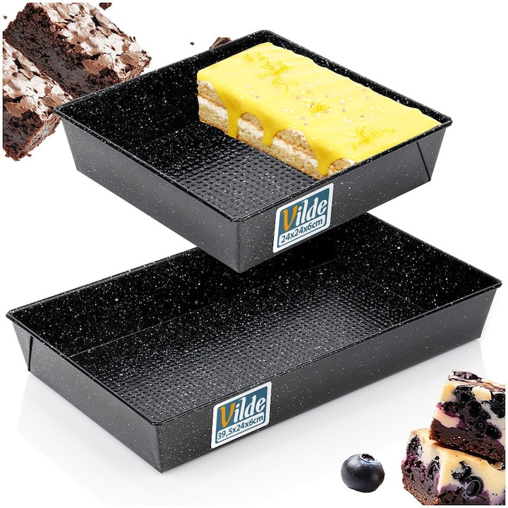 Set 2 Tavi De Copt Vilde Standard Dimensiuni 39.5x24 cm Si 24x24 cm Negru Granit Otel Carbon Cu Invelis Antiaderent Tava Pentru Prajituri Si Friptura Rezistenta Cuptor