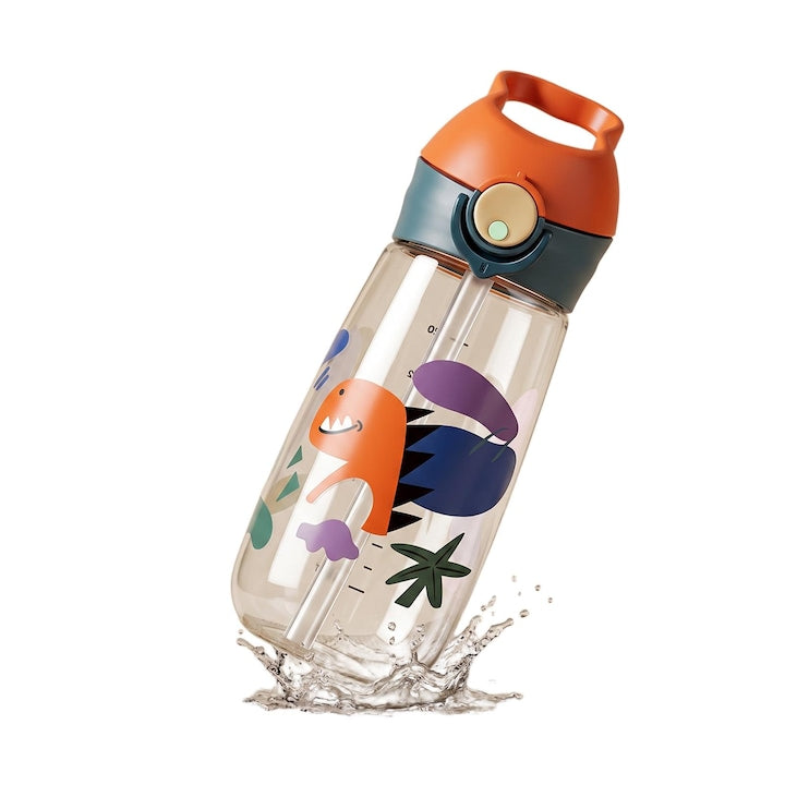Tritan Premium BPA-Free Kids Water Bottle with One-Touch Spout Lid, Anti-Leak Lock, Handle, Shockproof, Graduated, Jungle Cartoon Design, Orange