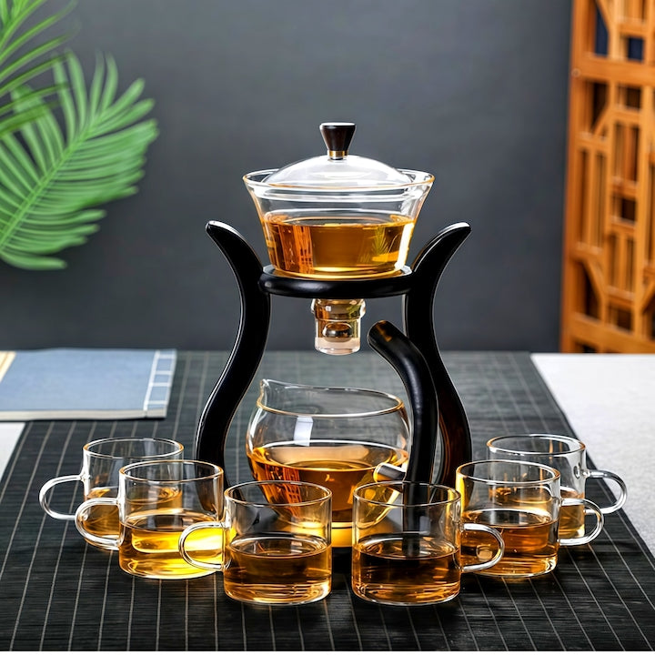 Semi-automatic Teapot Made of Heat-Resistant Glass - Glass Teapot Set with 6 Cups, Magnetic Flow Control, Ideal for Home, Office, Holidays or Daily Use, Elegant Design, Easy to Clean, Black