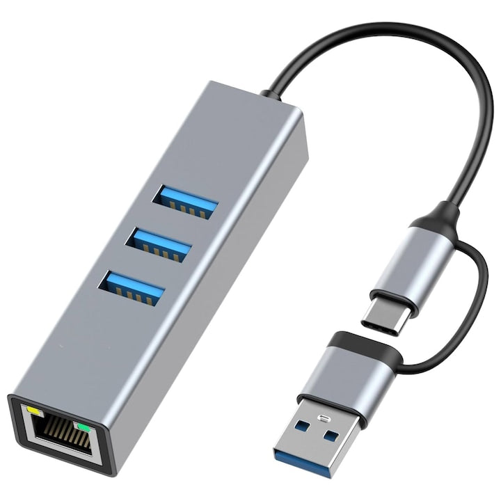Adaptor LAN Gigabit cu 3x USB 3.0 RJ45 ethernet 1000Mbps USB/type- C la RJ45 ethernet 4 in 2 OUYLAF Albastru