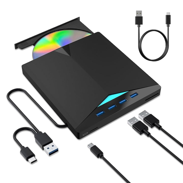 Unitate optica externa CD/DVD 7 in 1 USB 3.0 si USB-C 4 porturi USB slot SD/TF 24X CD 8X DVD compatibila cu Windows Linux si Mac OS OUYLAF Negru