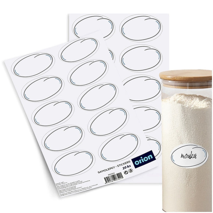 Etichete Autocolante Pentru Borcane Orion Set 20 Bucati Dreptunghiulare 5x3 cm Alb Hartie Laminata De Calitate Superioara Aplicare Usoara Fara Lipici Suplimentar Ideale Pentru Organizare Camara Condimente Si Cadouri Aspect Estetic Si Clar