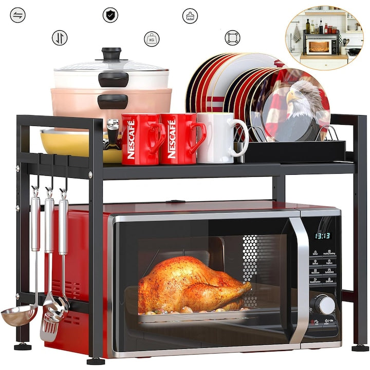 Extendable Microwave Oven Rack, 2-Tier Metal Shelving Unit for Kitchen Organizer with 6 Hooks, Air Fryer Rack, Baker's Rack