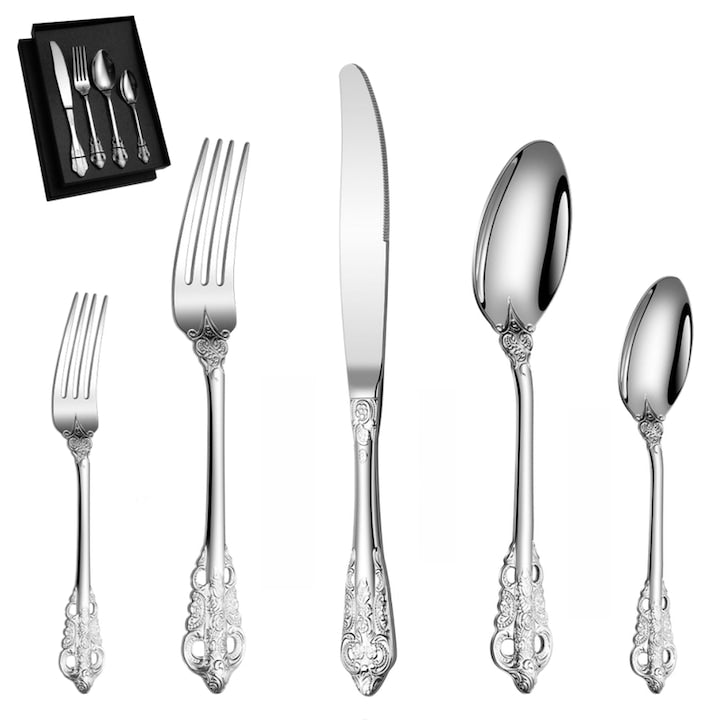Set tacamuri din otel inoxidabil Fantasy 5 piese Stil retro curtenesc Argintiu Design ergonomic Rezistent la coroziune Usor de curatat Pentru uz personal si familial usor de curatat bucatarii restaurante banchet cantina cina
