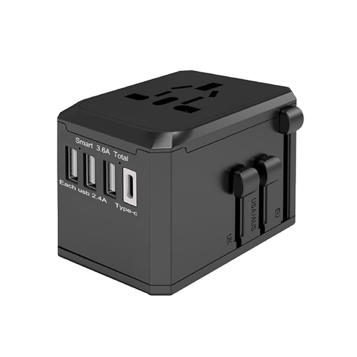 Adaptor universal priza Incarcator convertor de calatorie Darklove 2000 W Incarcare rapida de 3 6V 3 porturi USB 1 tip C si 1 priza pentru US UK EU Australia & Asia PC/ABS Negru