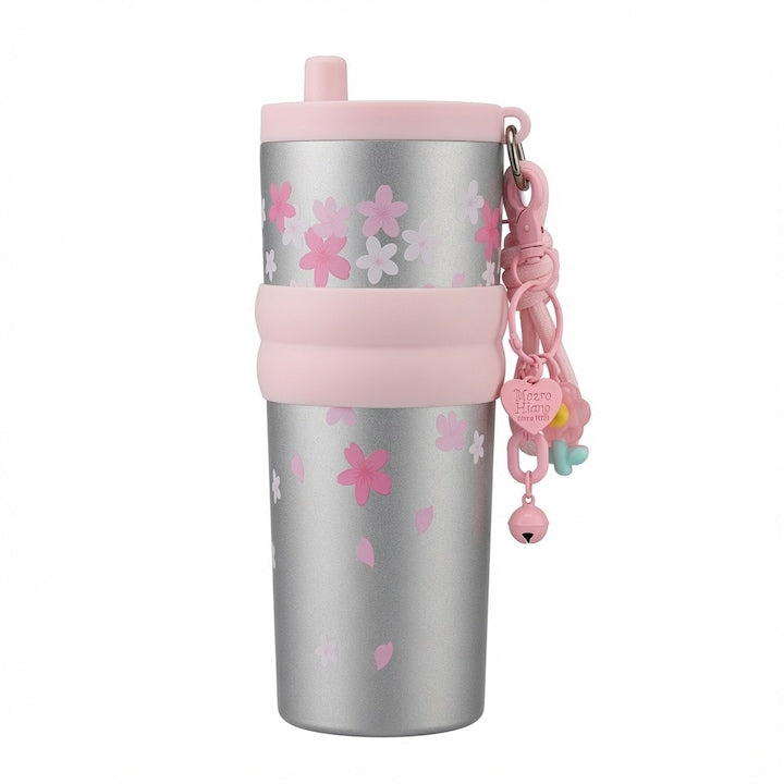 Cana Termos Portabila Cana Termo cu Pai din Otel Inoxidabil 316 700ml Izolare Vacuum Maner si Panglica Anti-Curgere Design Floral Sakura Roz pe Gri