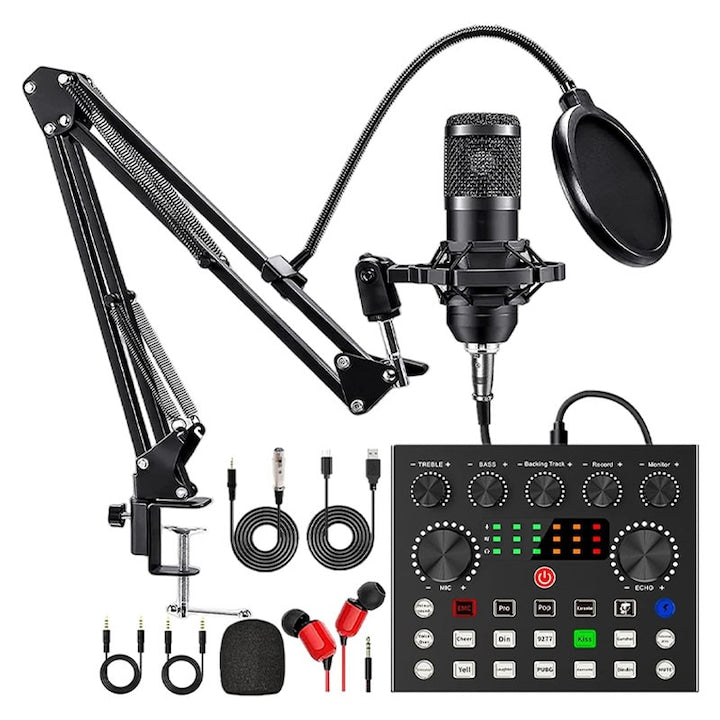 Professional Microphone Set plus V8S Mixer Rqiurpn BM-800 Voice Changer with Stand. Perfect for video recording, media streaming, and singing. Black.