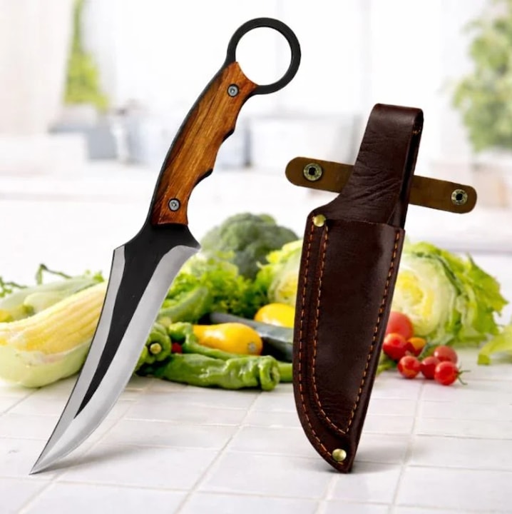 Cutit camping si bucatarie B-SQUL EXPEDITION 27 cm otel inoxidabil maner din lemn ergonomic husa de protectie