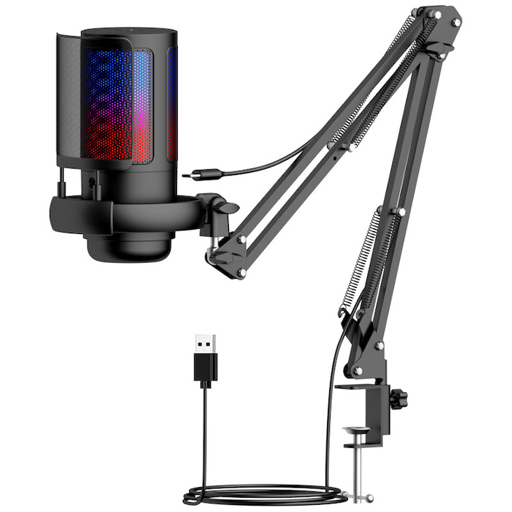 Microfon Gaming Dytimeem D1PRO pentru Streaming Youtube Tiktok Profesional Brat Ajustabil USB Reducere zgomot fundal Functie mute rapid Cardioid Lumina RGB Pop-Filter Suport de soc compatibil Windows MacOS PS4 PS5