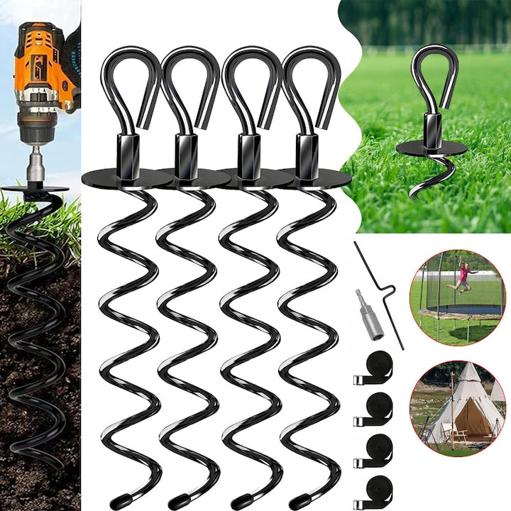 Set of 4 Spiral Ground Anchors, 40cm, with Straps, Wind-Resistant, Black