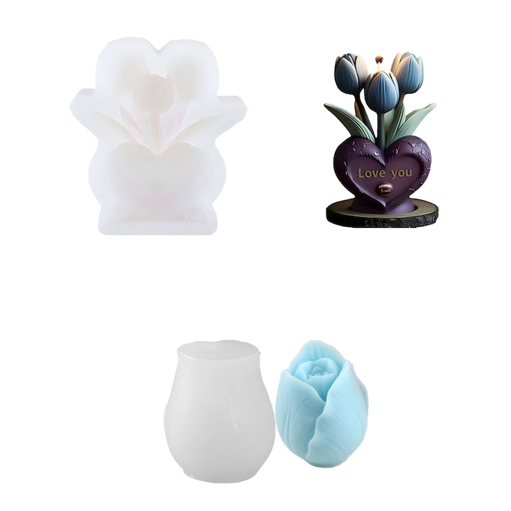 Set of 2 Silicone Molds for Candles and Soaps - Tulips - Easy Demolding - Resistant to Deformation and Wear - Non-Toxic - Odorless - Large Flower + Small Pots