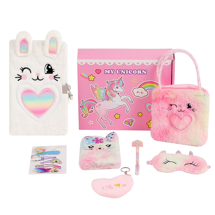 ZOUN Kids' Lockable Journal Set with Pen, Storage Bag, Hair Clip, Eye Mask, with Cute Rainbow Bunny Pattern, Plush Cover, Perfect Gift for Kids, 16 × 21.5 cm, Assorted Colors