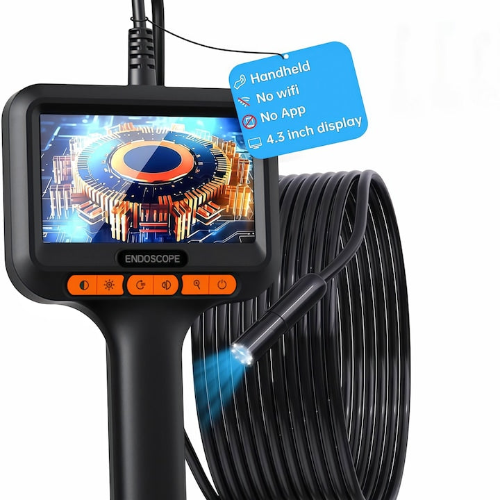 Camera pentru endoscop industrial Endoscop Industrial Profesional 1080P HD Ecran LCD Color IPS 4.3inci Cablu 5 Metri 8 Lumini LED Camera 8 mm protectie ridicata la umiditate si mizerie IP67 Negru