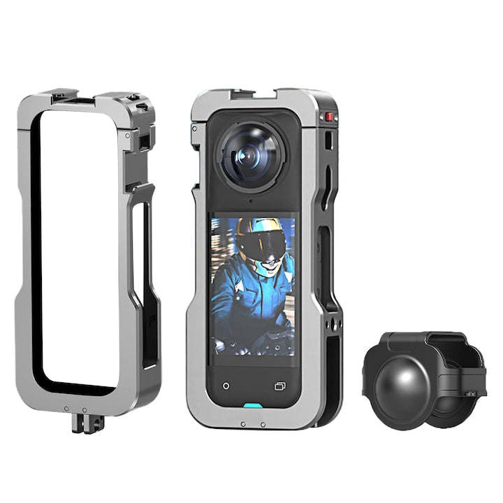 Protective Case Set compatible with Insta360 X5, lens protection, hollow design, aluminum/silicone, grey