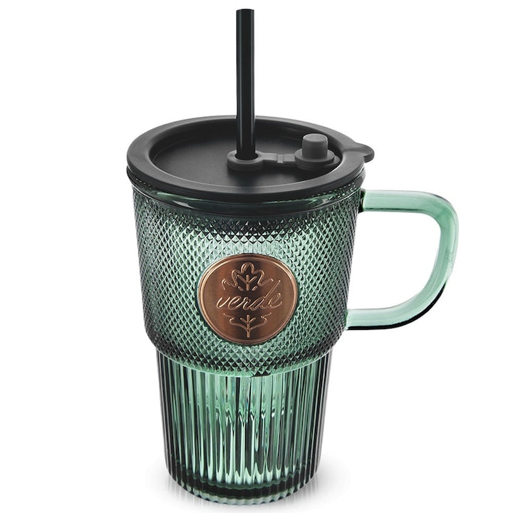 Cana de voiaj din sticlă verde cu suprafață striată Orion capacitate 450 ml set cu capac și pai din silicon