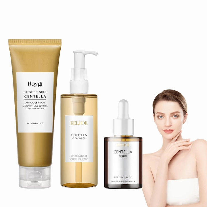 Set 3 produse curatare cu extract de centella asiatica Vitamina E si acid hialuronic hidrateaza curata delicat pielea Apa micelara 100ml Demachiant 120g Ser 30ml