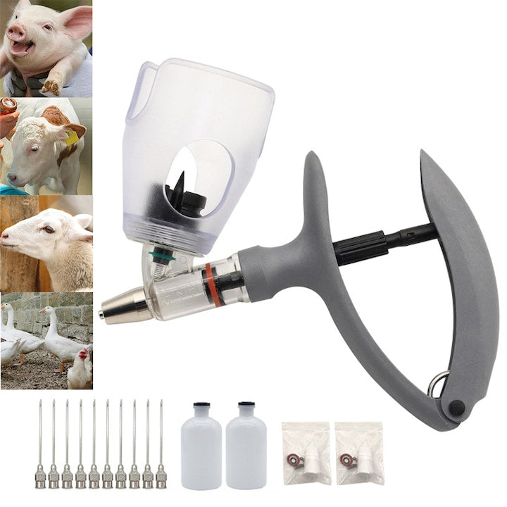 ZOUN Continuous Veterinary Syringe Set with 10 Reusable 9 Gauge Stainless Steel Needles, 0.2-2 ml, suitable for pigs, cattle, sheep, chickens, ducks