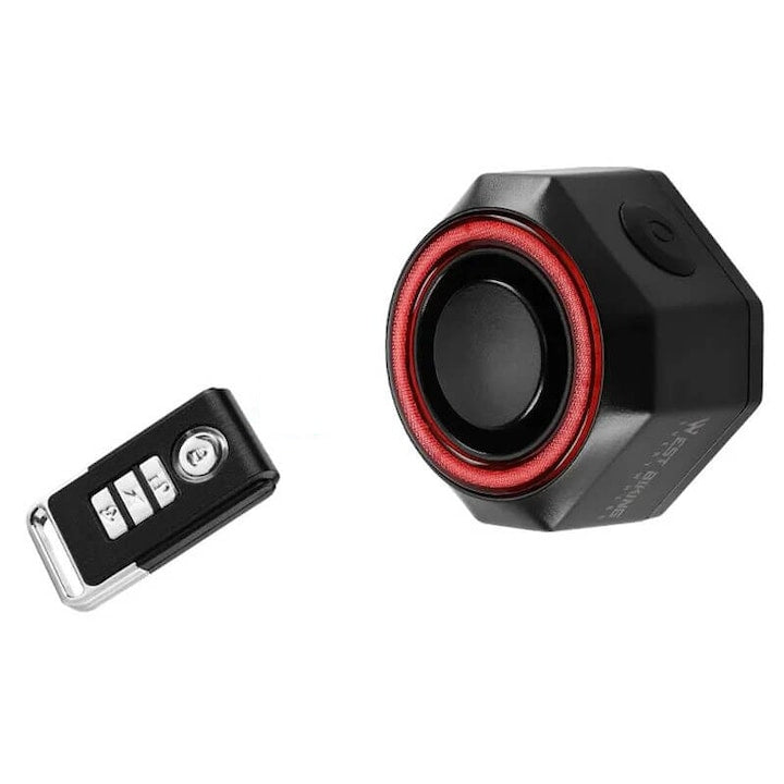 Alarma antifurt inteligenta bicicleta motocicleta trotinete 4 in 1 stop spate telecomanda wireless senzor frana 3 sunete alarma reincarcabil USB West Biking 4.5 x 4.5 x 3 cm negru