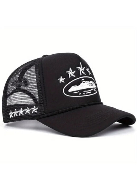 OEM - Sapca trucker textil cu spate plasa respirabila si reglabila cu imprimeu hip-hop si banda interioara detasabila absorbanta negru 55-61 cm