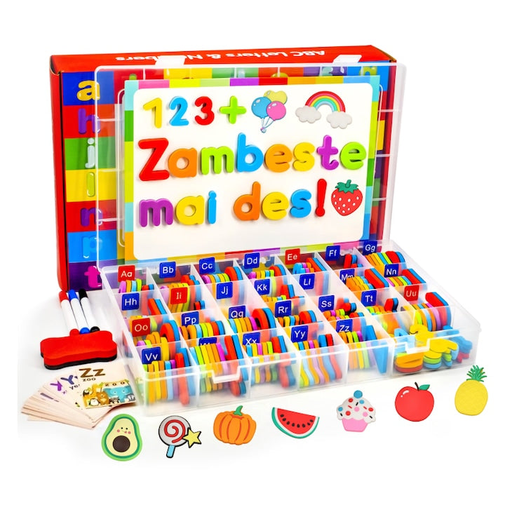 Set de litere magnetice 258 piese alfabet colorat din spuma cu majuscule si minuscule magneti ABC pentru frigider jucarie educativa Montessori pentru copii ideal pentru scoala si prescolari cu tabla magnetica si cutie depozitare