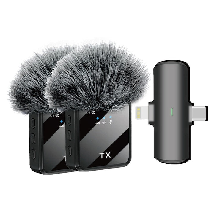 Set de 2 Microfoane Lavaliera F15 Wireless 2.4 GHz Negru USB-C tip Lightning