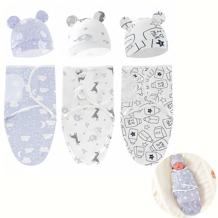 Set of 3 Wacorresi Baby Swaddling Blankets with Cap, Velcro Fastening, Soft and Comfortable, for Swaddling Babies, Made of Cotton, 50 x 73 cm, for 0-3 Months, White
