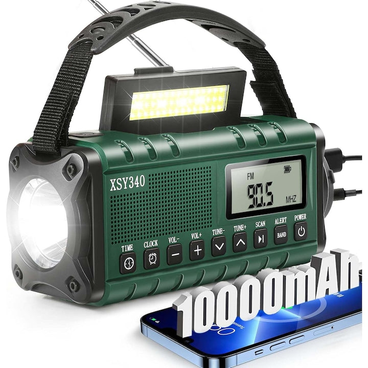 Radio meteo de urgenta portabil Cu Lampa LED 3 moduri de incarcare,manivela si energie solara,USB incarcat powerbank 10000 mAh AM/FM/NOAA alarma SOS Cu ceas cu alarmaPentru camping calamitati cutremure razboi OUYLAF verde