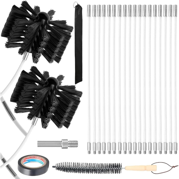 7m Chimney Cleaning Kit SANSES 18 Flexible Rods 2 Steel Brushes Black/White