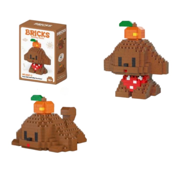 Set de Constructie Mini Pudel Maro cu Portocala pe Cap Blocuri Creative ~200 Piese 2 Pozitii (Sezand/Culcat) pentru Copii si Adulti
