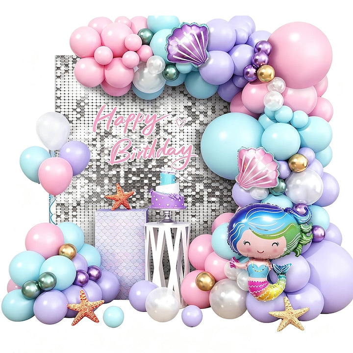 Set Arcada Baloane Petrecere Sirena 114 Piese Roz Albastru Violet Alb - Balon Sirena Mare Scoici Baloane Multicolor + Lant Arcada