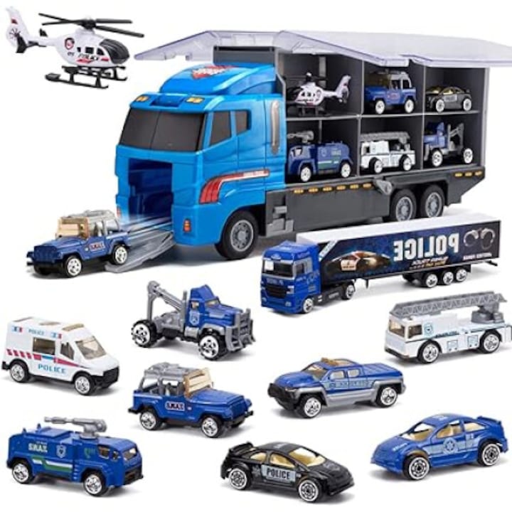 Set camion trailer de jucarie pentru transport seria politie masinute tip duba jeep utilaj cu scara tir elicopter pickup platforma tractare Albastru