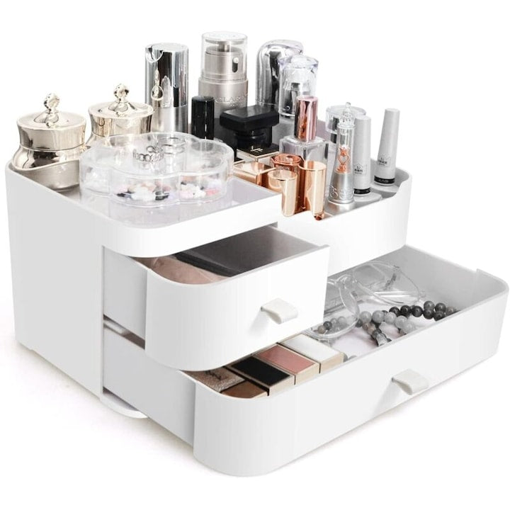 Organizator machiaj cutie depozitare cosmetice cu 8 compartimente acrilic cu sertare si compartimente multiple pentru cosmetice si bijuterii alb