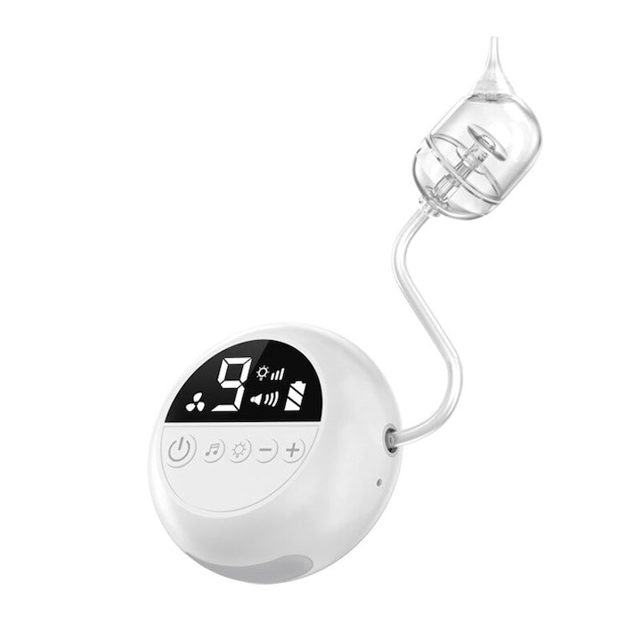 Aspirator Nazal Electric 9 Trepte de Absorbtie Stnqtsrv 3 Varfuri Muzica pentru Distragerea Copiilor Silentios Lumina de Veghe Rezervor Mare de Stocare Secretii Display LED Baterie 2500 mAh Alb