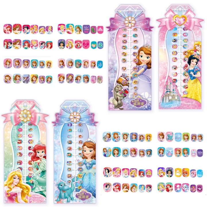 Set 96 Pcs Unghii Falsa pentru Copii Fantasy Tema Printesele Disney Alba ca Zapada Sofia Ariel Mica Sirena Cenusareasa Belle din Frumoasa si Bestia Pre-gluate Usor de Aplicat Colorat Cadou Ideal pentru ziua de nastere Craciun Ziua Copilului