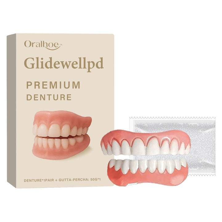 Set de proteza dentara din silicon Oralhoe dinti frumosi zambet imbunatatit material confortabil set de ingrijire a protezelor dentare (brete superioare*1+ bretele inferioare*1+ dentier 50G*1)