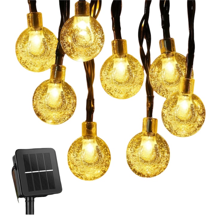 Ghirlanda luminoasa solara pentru exterior cu bile cristal 100 LED 12 m IP65 8 moduri de iluminare pentru gradina OUYLAF lumina calda