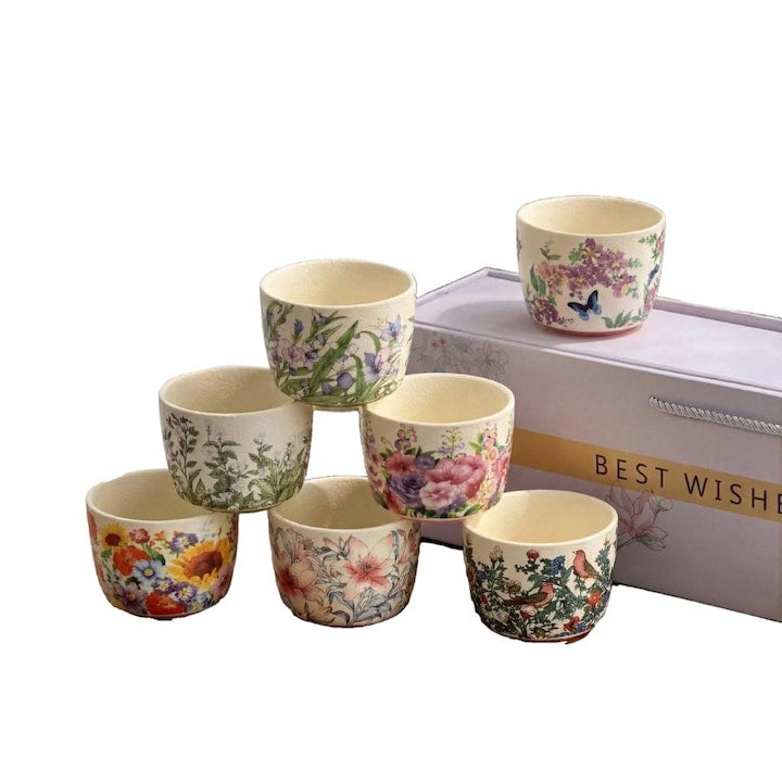 Set of 5 Japanese-Style Ceramic Mugs, 50 ml, Floral Pattern, Multicolor, Gift Box, For Tea and Coffee