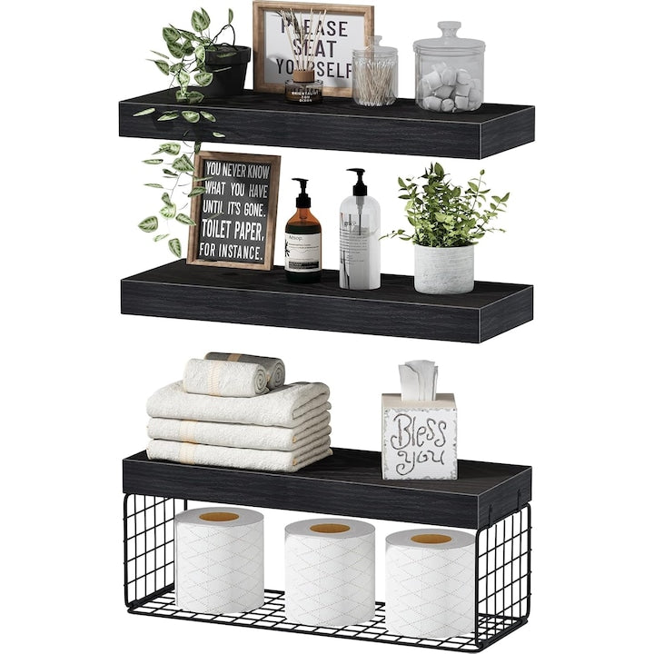 Raft suspendat Wacorresi Set rafturi de perete suspendate 3 piese 100% lemn masiv de pin Montate pe Perete Poate fi folosit in baie bucatarie sau living Design Modern 40X15X1.5cm Negru
