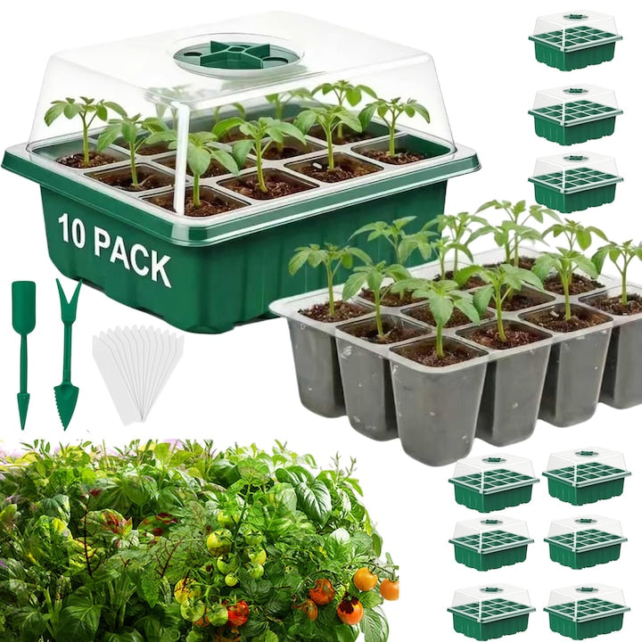 Set of 10 Swejah Germination Trays, 120 Cells, Plastic, Biodegradable, Seed Propagators with 2 Tools, 10 Labels for Vegetable, Flower, and Fruit Seeds, Green