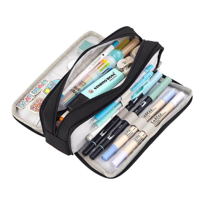 Penar scolar mare cu trei compartimente tip borseta ijoynewk negru 21.5x7x9cm
