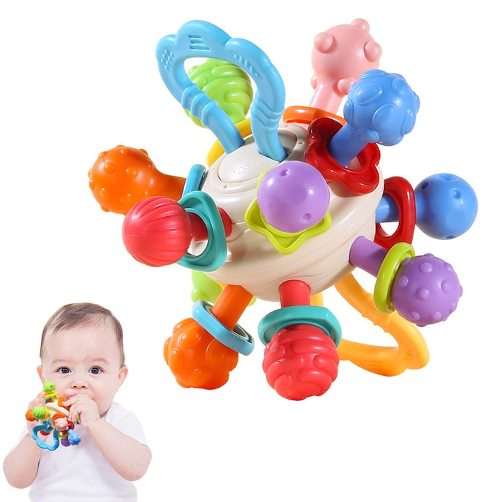 Jucarie senzoriala Montessori pentru dentitie ZOUN Manhattan Ball fara BPA silicon potrivita pentru varsta 0-12 luni zornaitoare vibranta rotativa la 360° sterilizabila termic multicolora
