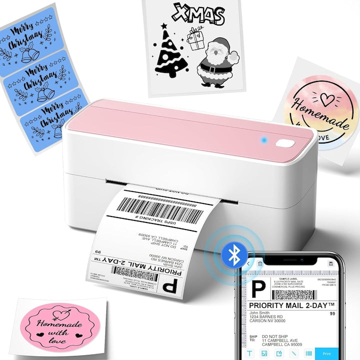 WALALLA 4x6 Thermal Label Printer, Bluetooth and USB, 203 DPI, 150 mm/sec, Compatible with iPhone and Android, Supports Labels from 1 to 4.6 inches Wide, Pink