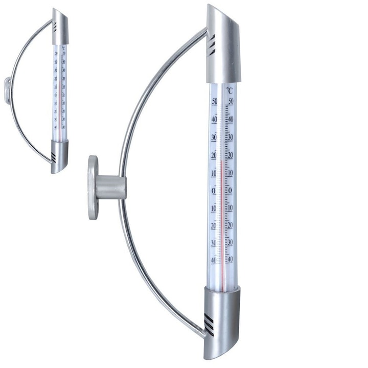 Termometru Exterior Orion 8x24 cm Interval De Temperatura -40°C Pana La +50°C Material Otel Inoxidabil Cromat Acril Greutate 0.3 kg Scala De Temperatura Clara Argintiu