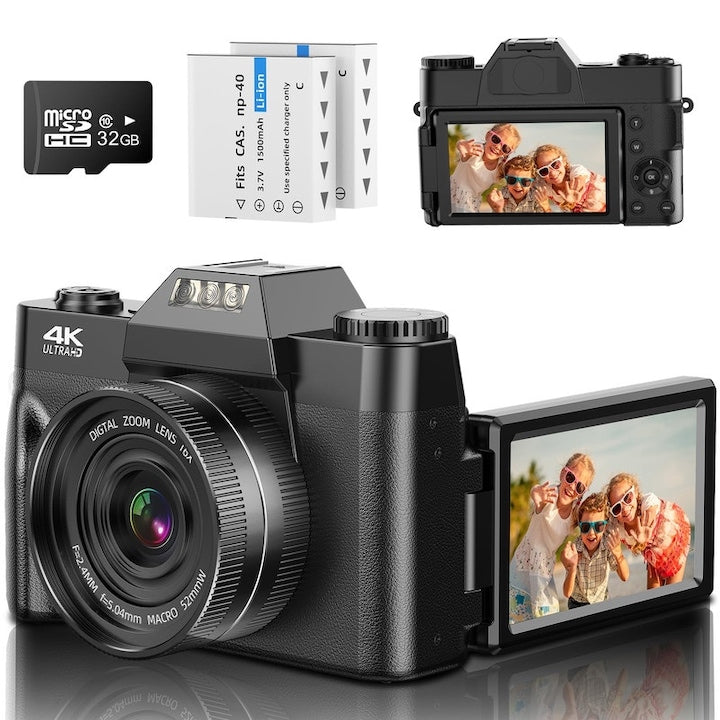WALALLA Compact Camera, 3-inch screen, 4K HD, 16x zoom, 180° rotation, set with 32GB card and 2 batteries, black