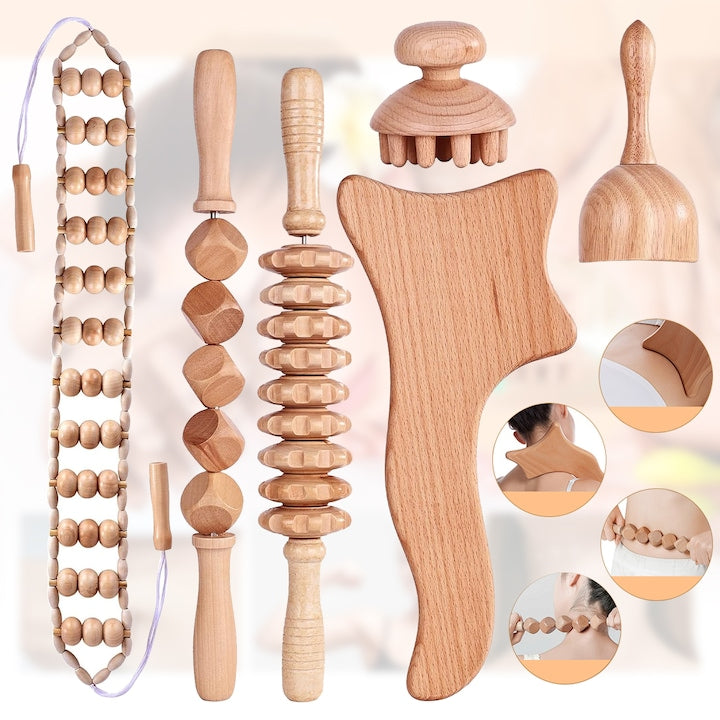 6-Piece Beech Wood Massage Set for Body Shaping, Muscle Relaxation, and Cellulite Removal - Brown Wood