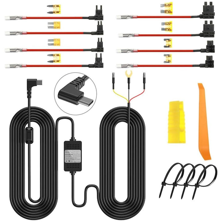 Kit alimentare continua pentru camera de bord la panoul de sigurante cu transformator 12-24V la Micro USB 5V/3A PS Products Lungime cablu 3.5m 4 adaptoare sigurante protectie descarcare YQLAFT Negru