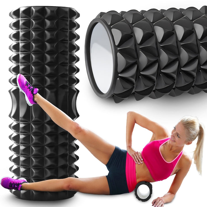 Role de masaj RETOO ActiveFit din Spuma EVA cu Protuberante pentru Masaj 33 cm Lungime 11 cm Diametru Culoare Neagra Tarie Medie Ideal pentru Exercitii CrossFit Terapie Musculara si Imbunatatirea Flexibilitatii Usor de Depozitat si Transportat