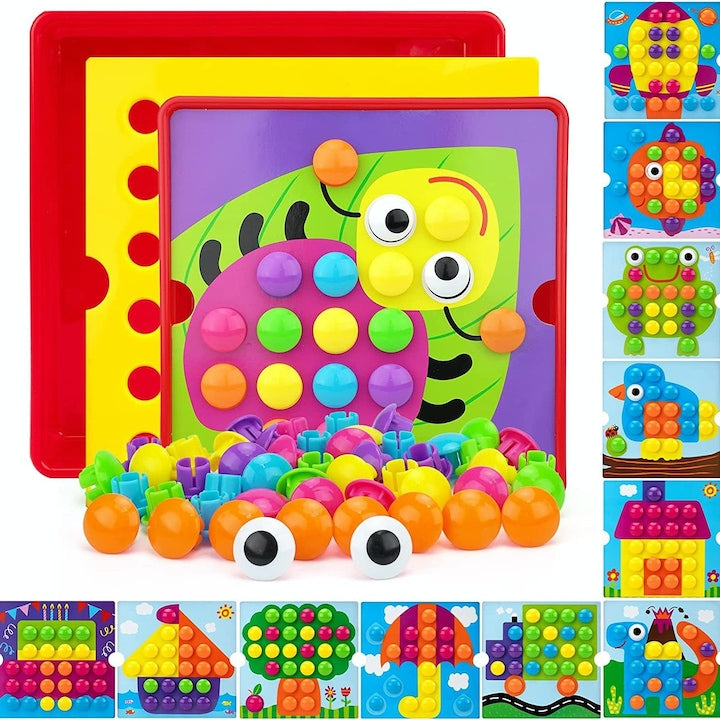 Educational Toy for Children 0-3 Years Old, Button Idea Game with 46 Colorful Buttons, 12 Templates, For Learning Colors, Creativity, and Logical Thinking