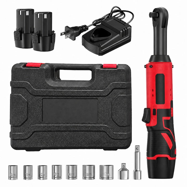 Set Cheie Clichet Electrica Fara Fir 12 V 3/8 Inch 38 N.m Kit Clichet Electric 400 RPM Cu Lumina LED 7 Tubulare Adaptor 1/4 Inch 2 Baterii Litiu Ion 2000 mAh Si Incarcator Rapid Reparatii Auto Rosu WALALLA
