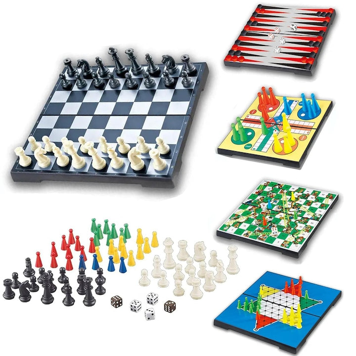5-in-1 Board Game SANSES Chess Backgammon Snakes & Ladders Game Flying Chess Checkers For Family Games and Travel Multicolor